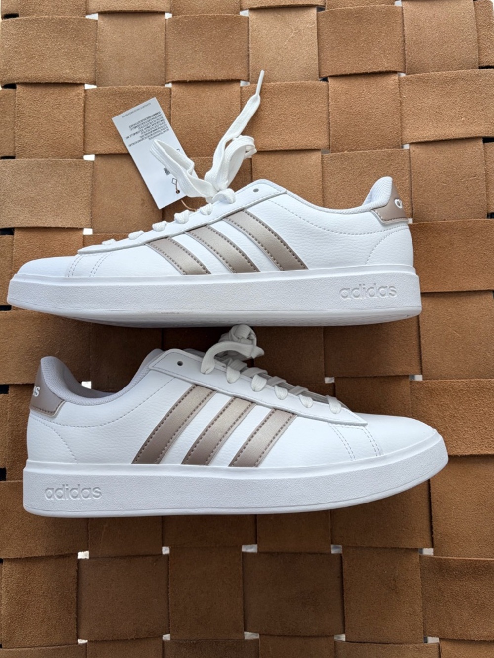 Adidas Women’s White Grand Court 2.0 Sneakers with Gold Metallic Stripes